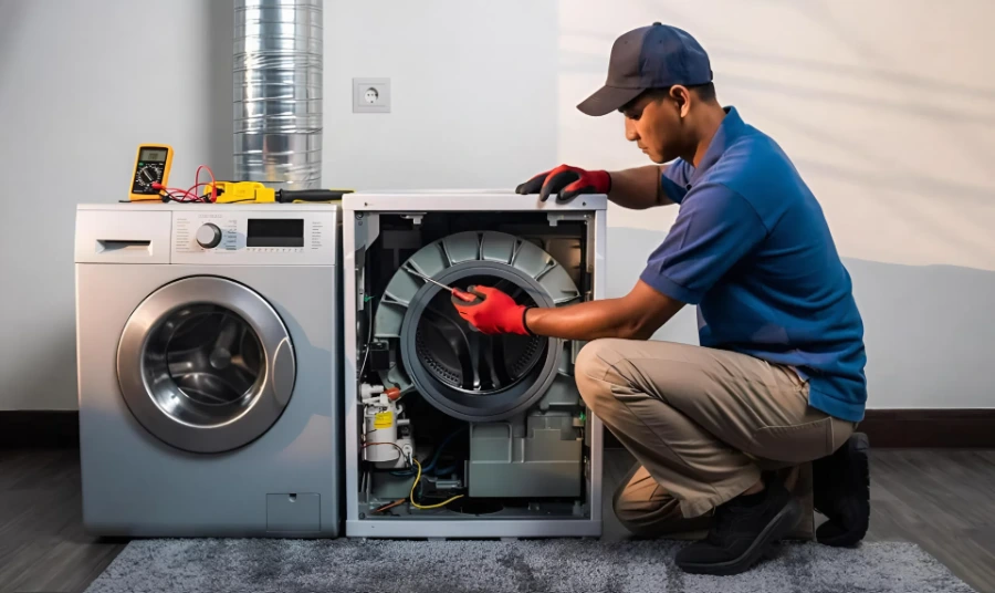 Dryer repair Plano technician in a blue uniform repairing a laundry appliance next to a dryer