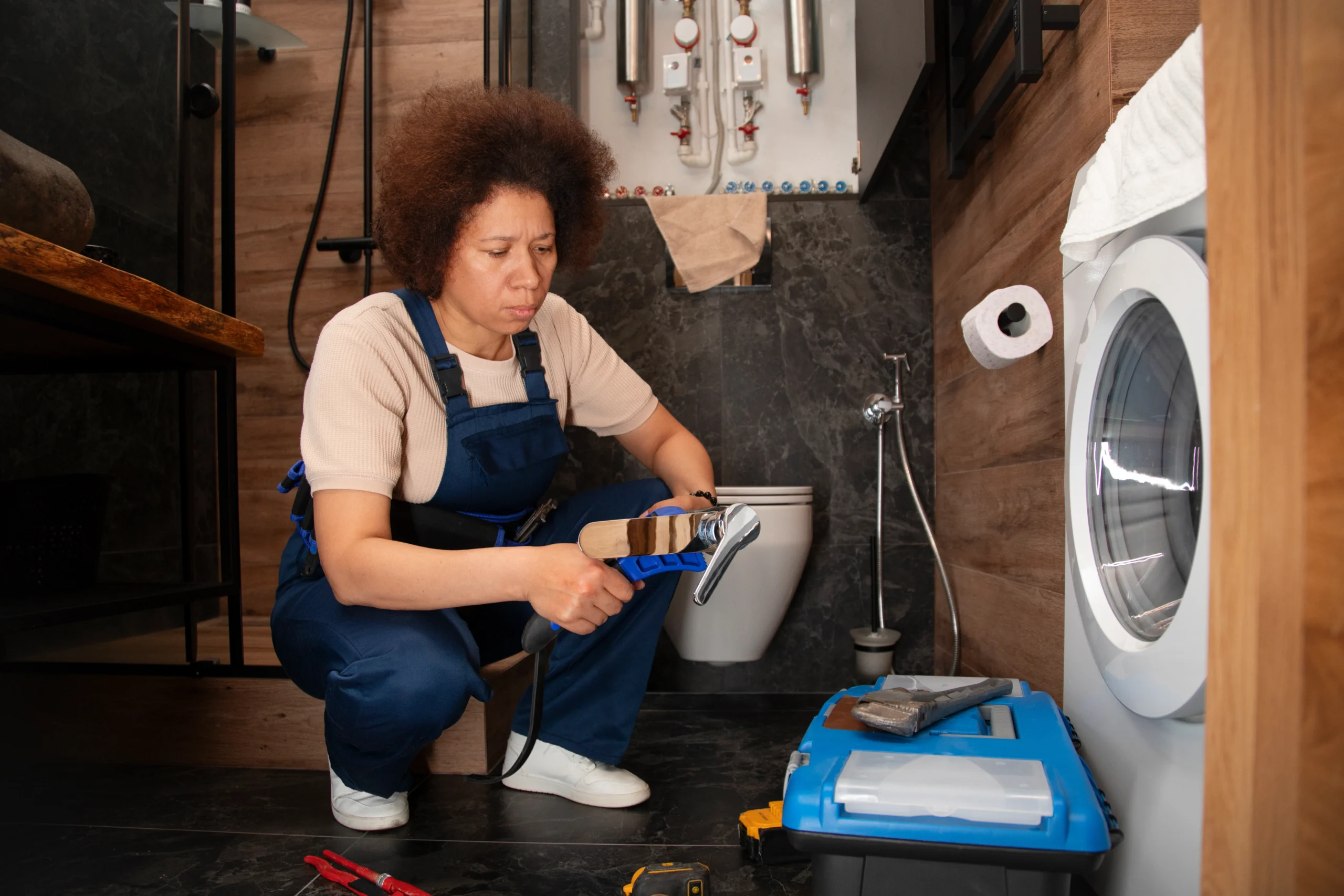 Technician kneeling beside a dryer in a laundry room, working on the appliance with tools